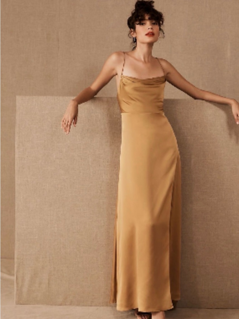 Fame and Partners Rosabel Dress Mustard Gold Satin Cowl Neck Capsule Prom Maxi
